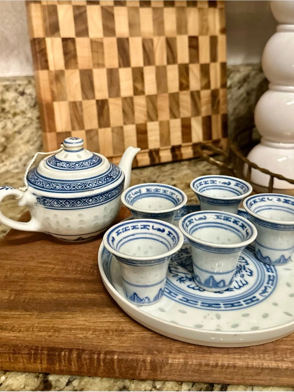 Vintage Miniature Blue and White Porcelain Tea Set - 7 pieces